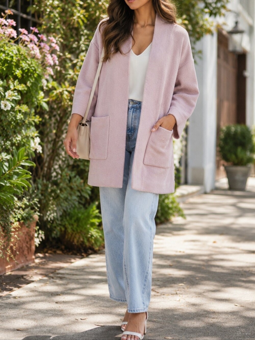 Aritzia Light Dusty Pink Open Front Coatigan Wool Blend Minimalist Chic